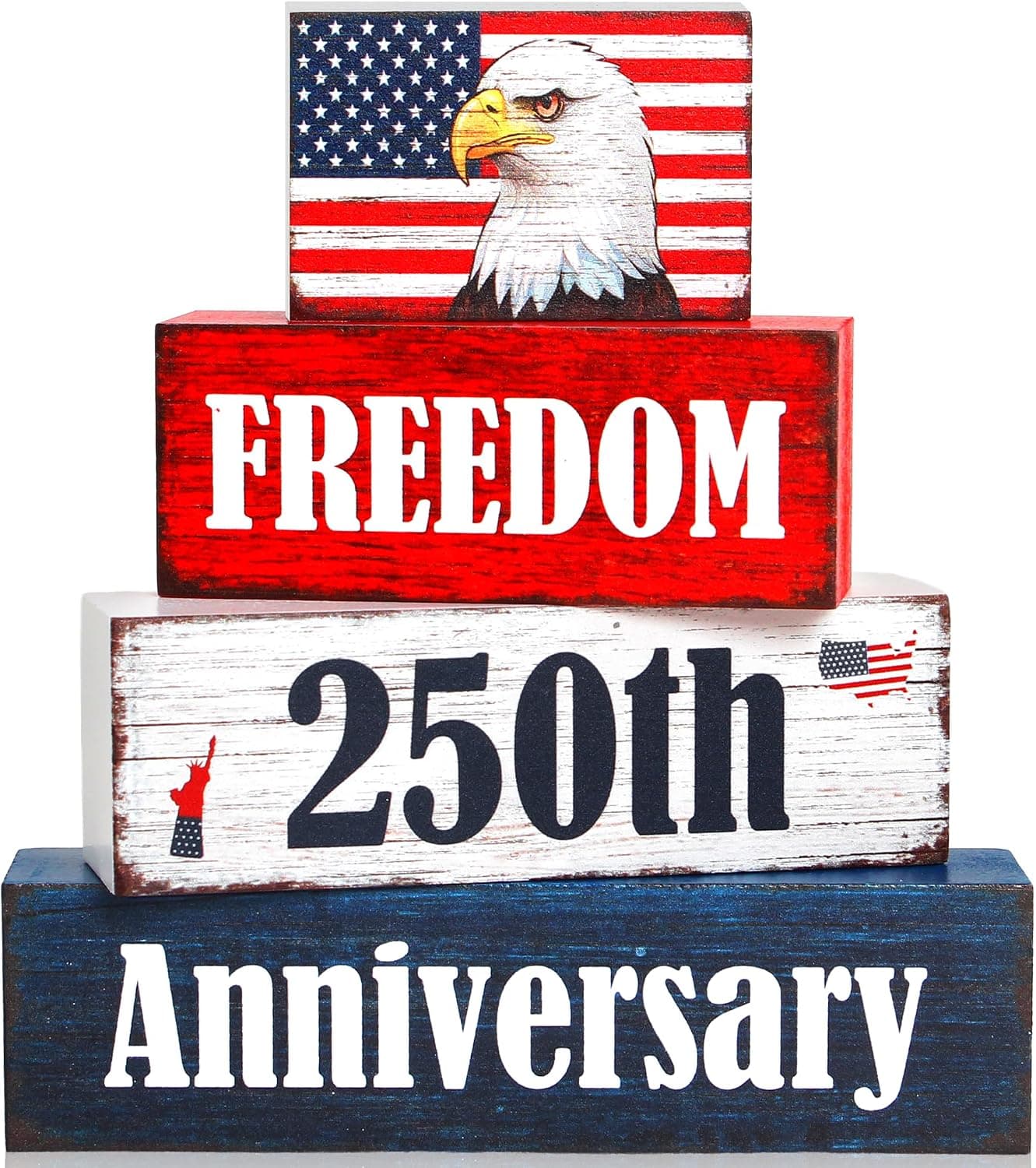 4 Pcs 250th Anniversary Freedom Patriotic Wooden Tiered Tray Decor, 4th of July Independence Day Decorations Gifts for Home, Memorial Day Table Centerpiece for Office Party Shelf Kitchen 