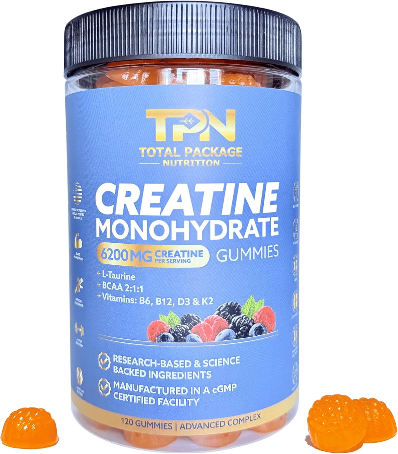 Creatine Monohydrate Gummies, 6200mg Creatine plus Taurine, BCAA, D3, K2 and B Vitamins, Best Creatine for Women and Men, Pre Workout Gummies, Increase Strength, Build Muscle, Vegan -120 pieces, Berry