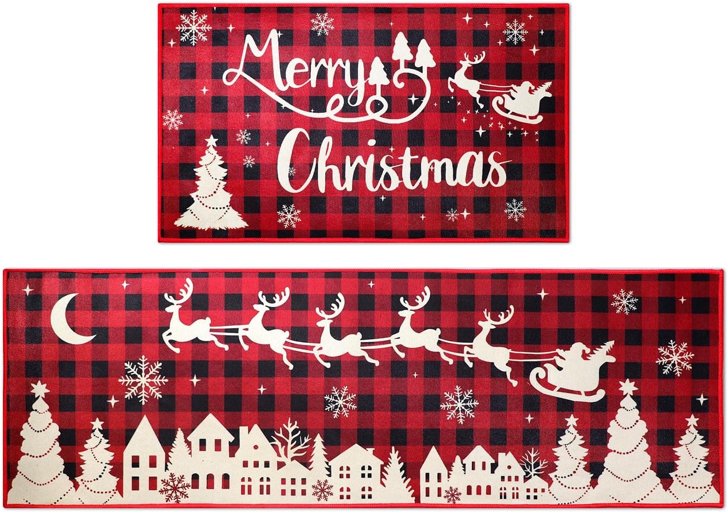 2 Pcs Christmas Kitchen mats for Floor, Red Black Buffalo Plaid Christmas Floor mats Kitchen Rugs Decor,Washable Microfiber Kitchen Carpet for Floor,Bathroom,Living Room,Doorway (Merry Christmas)