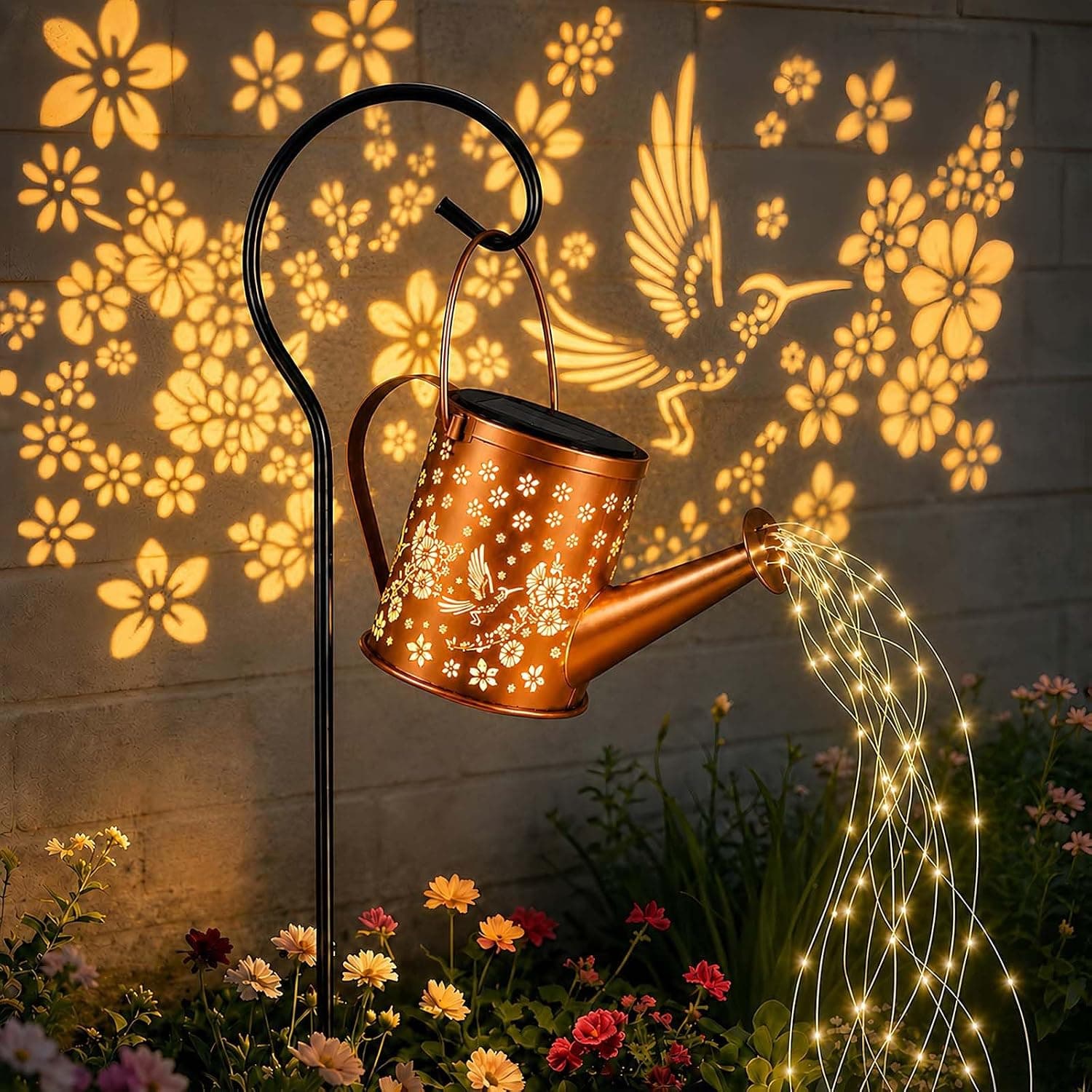 Solar Watering Can Lights Waterproof Hanging Decor Floral Hummingbird Yard
