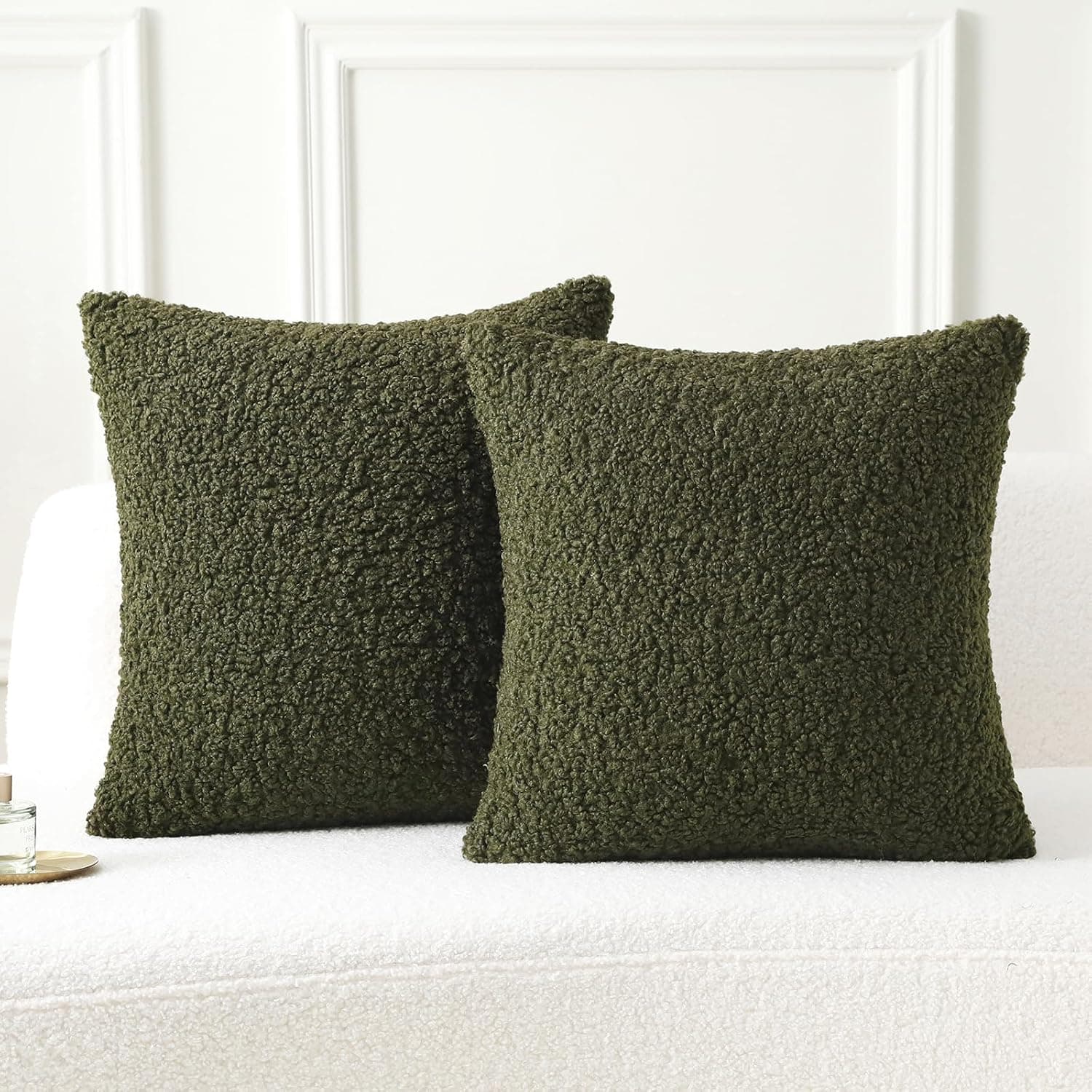 Pack of 2 Faux Fur Teddy Boucle Pillow Covers 26x26 Inch, Olive Green