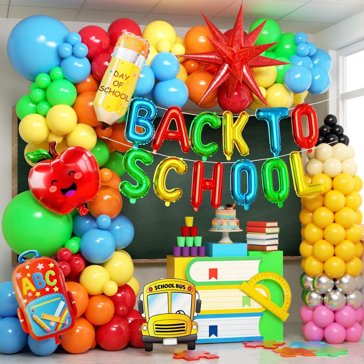 230pcs Back to School Balloon Arch Kit, Colorful Red Blue Yellow Lime Green Orange Foil Yellow Pink Nude Silver Black Pencil Balloons for First Day of School Party Decorations