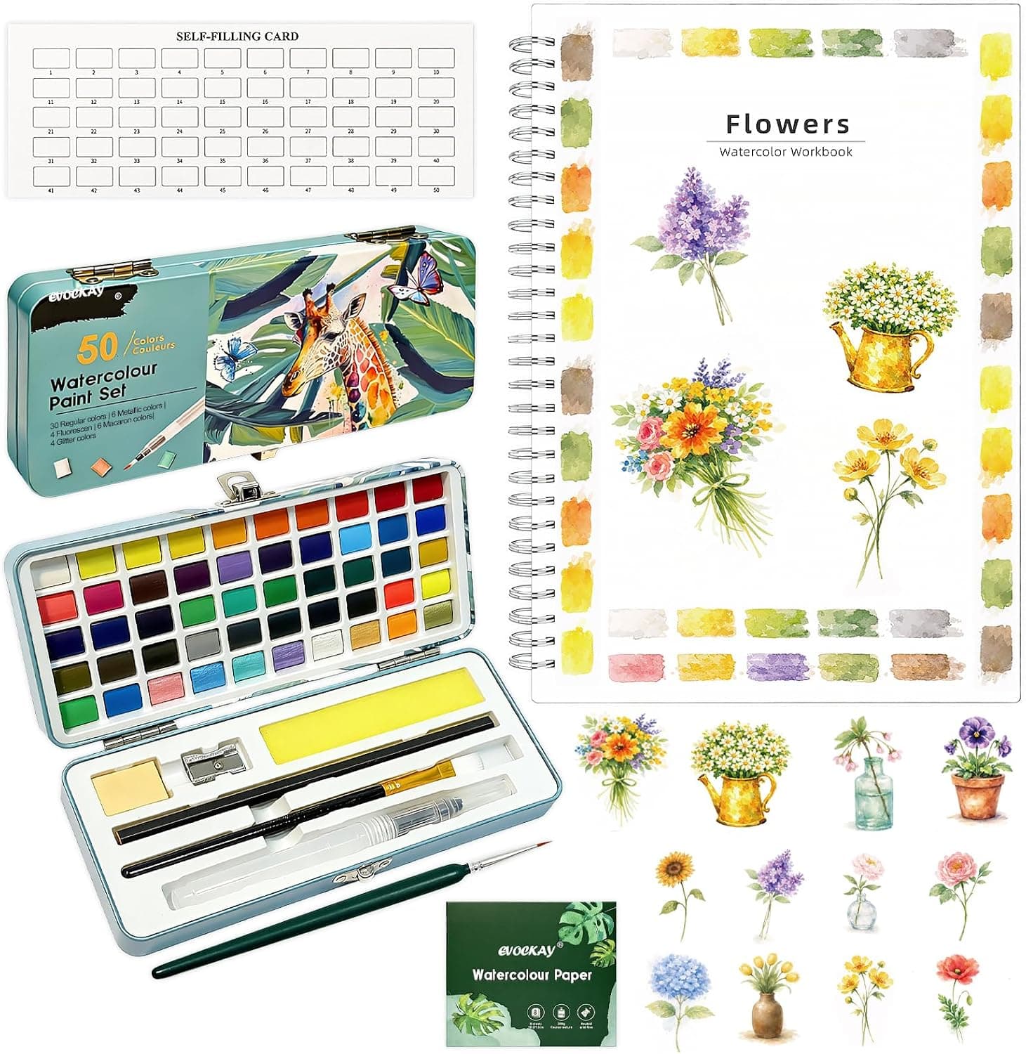 EVOCKAY Watercolor Workbook：12 Patterns with 50 Vivid Colors – Complete with Palette and Brush – Perfect for Artists of All Levels!