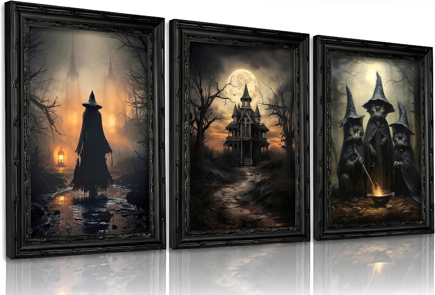AIRDURS 3Pcs Black Framed Halloween Canvas Wall Art Dark Academia Scary Witch Black Cat Castle Wall Decor Pictures Thriller Horror Gothic Posters Prints for Halloween Party House Decoration