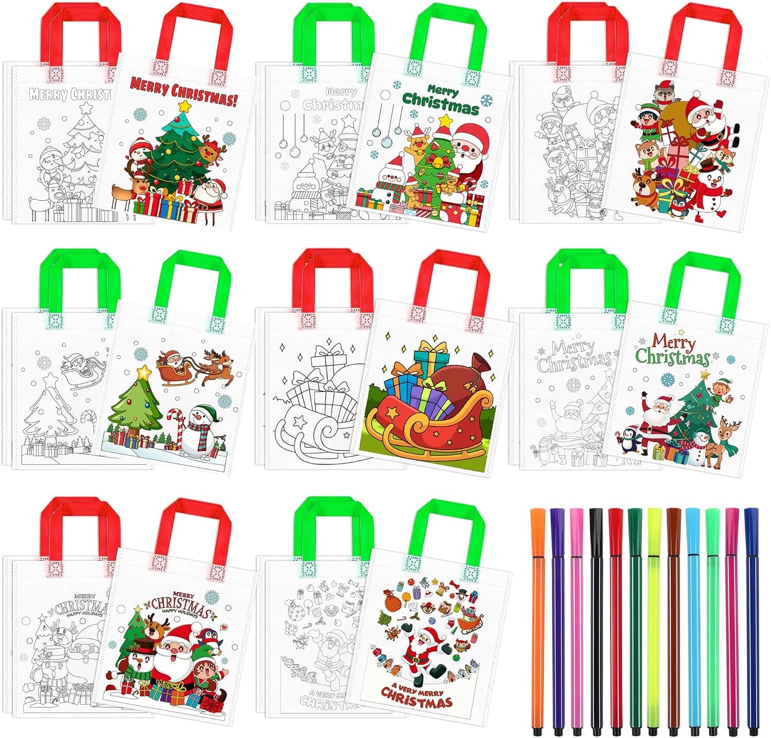 24pcs Large Christmas Coloring Canvas Bag, 9.84''*8.66'' Xmas Color Your Own Tote Bags Christmas Coloring Reusable Goodie Candy Treat Bags with 12pcs Coloring Pencils for Xmas Party Decorations