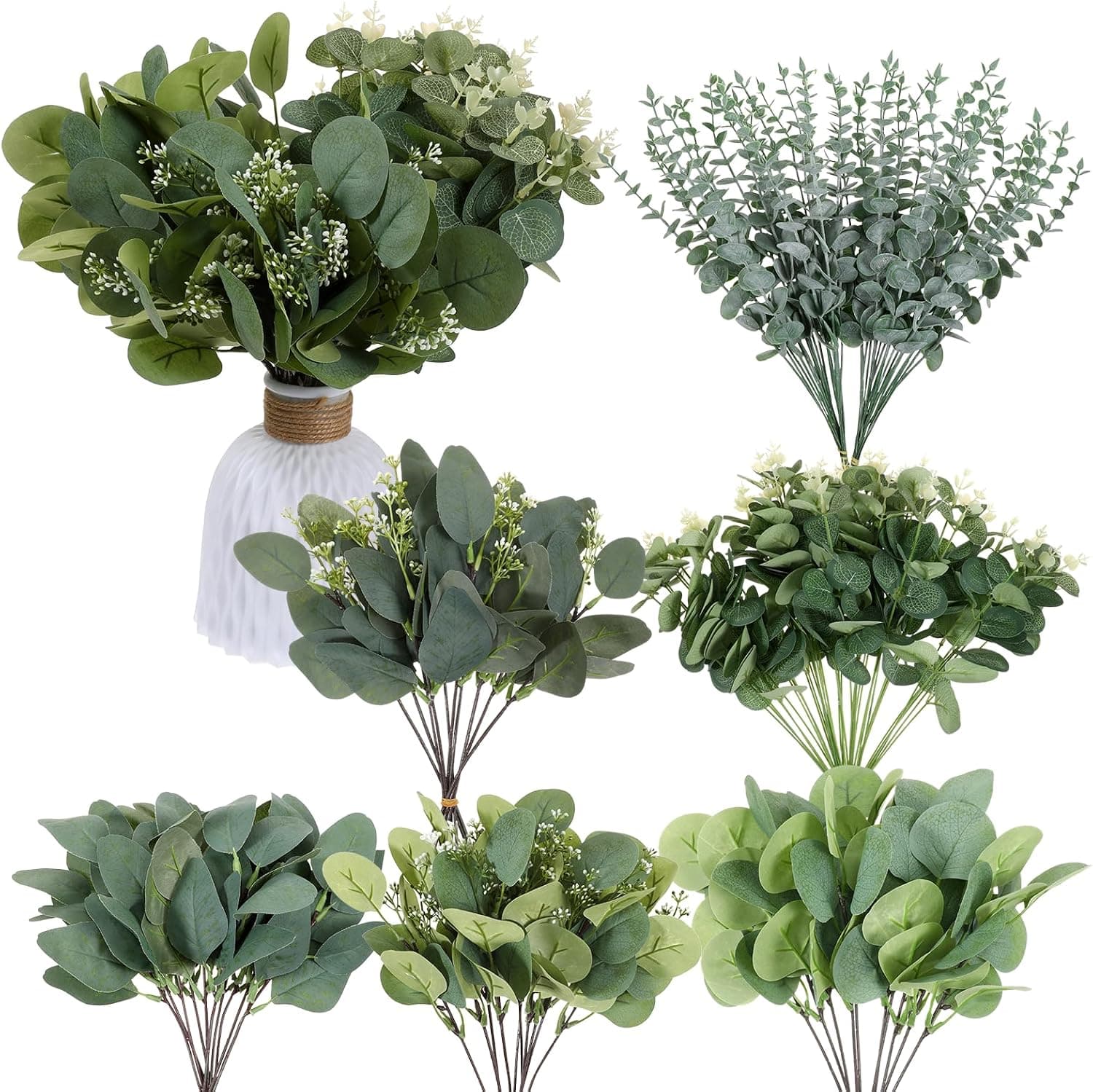  Bulk Fake Silver Dollar Eucalyptus Leaves Stems, 6 Kinds