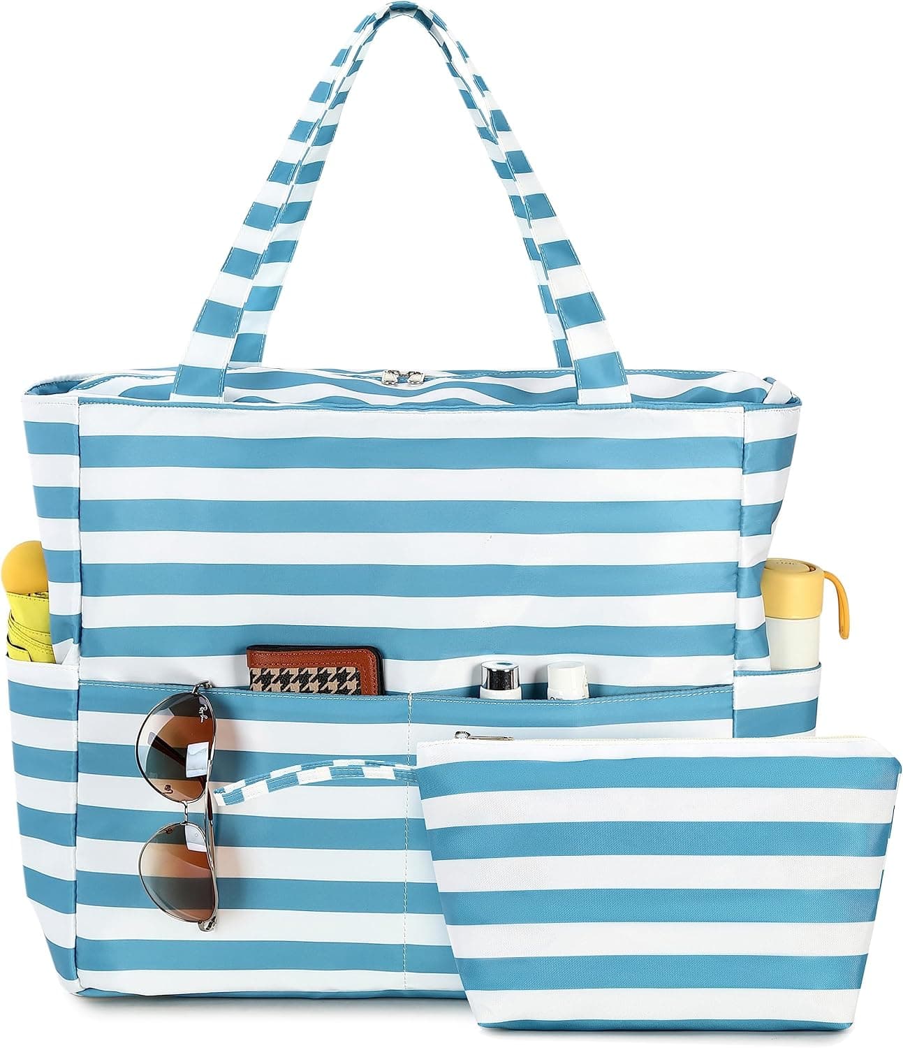 LEDAOU Large Beach Tote Bag Women Waterproof Sandproof Zipper Beach Tote Bag for Pool Gym Grocery Travel with Wet Pocket