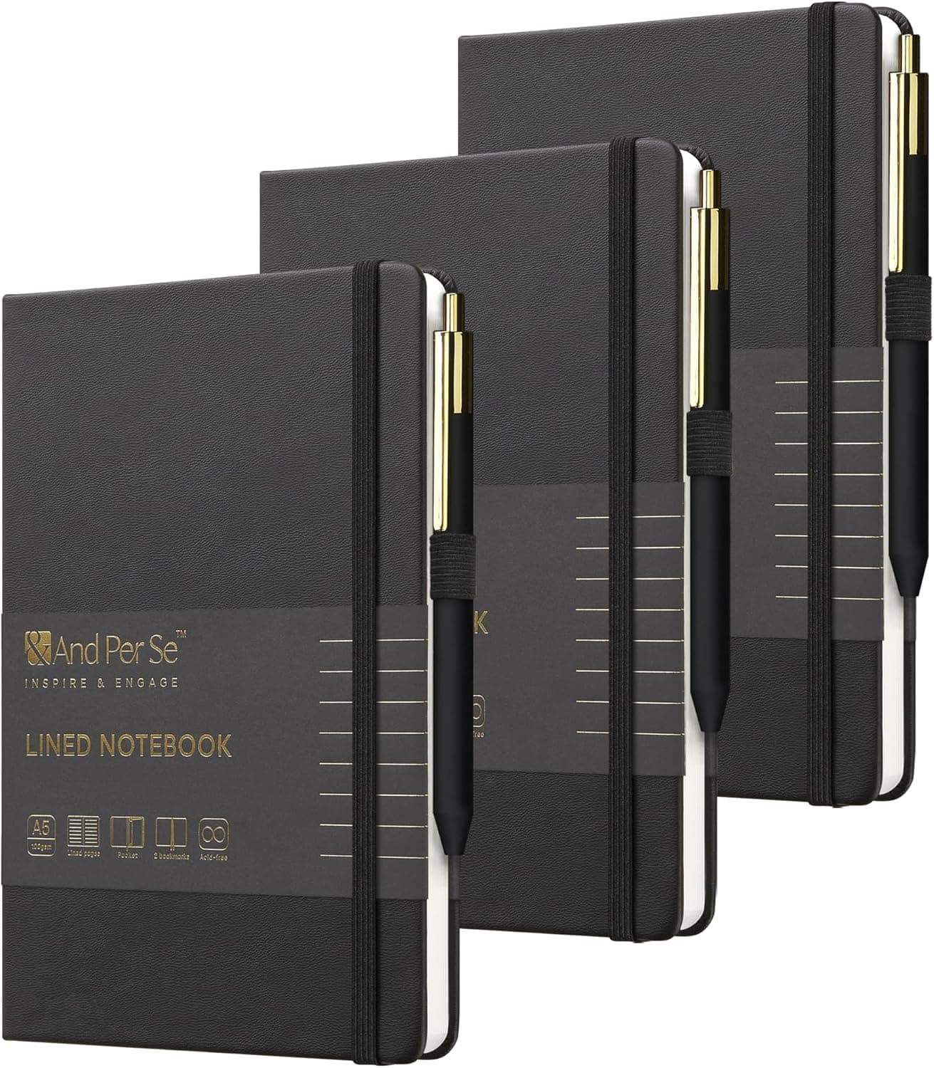  Lined Journal and Pen Set (3 Packs), A5 Leather Hardcover Notebook with Pen & Stationary Set, 160 Pages 100GSM Thick Ruled Paper Journal for Business Work Writing (Black)