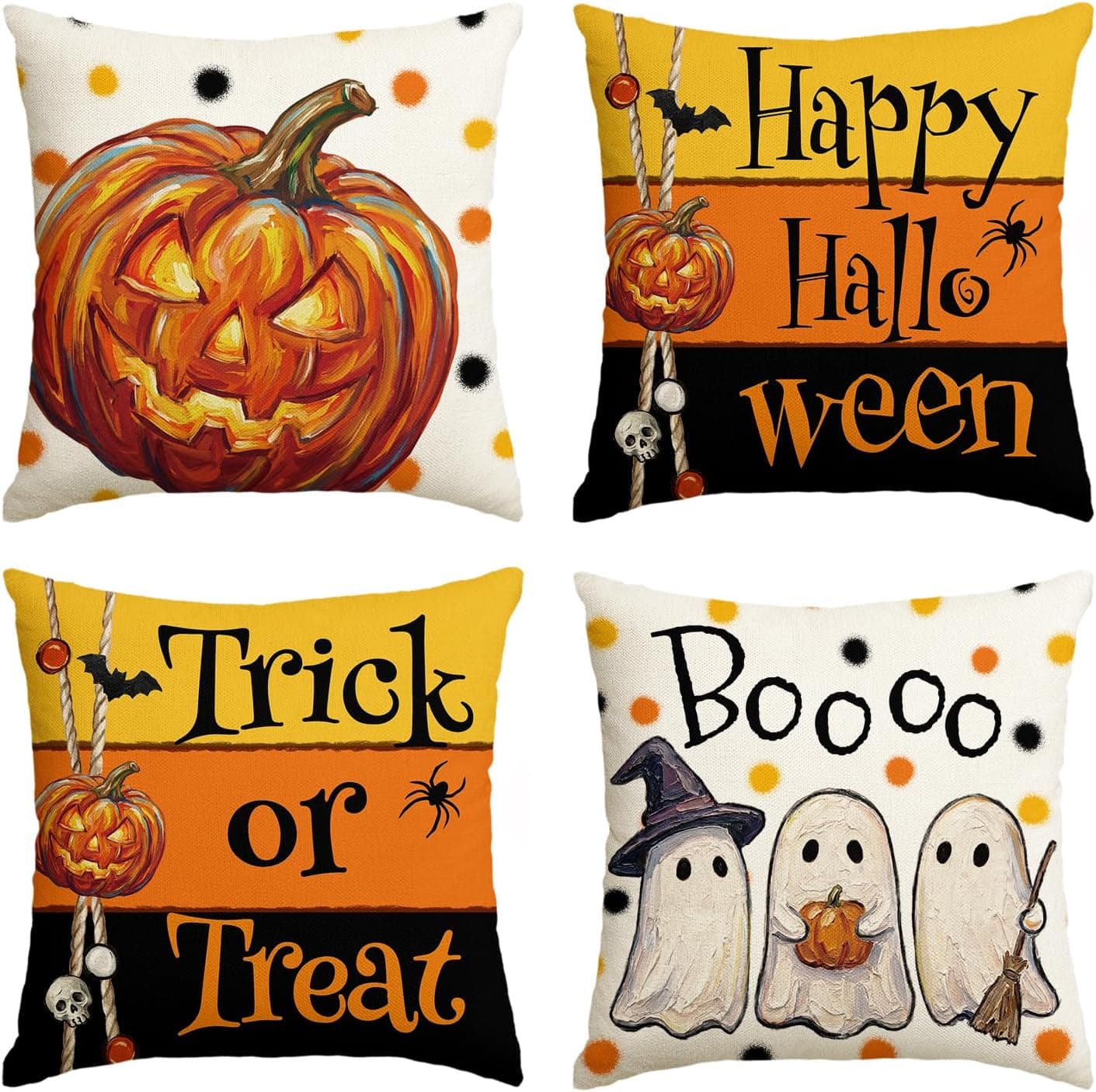 AVOIN colorlife Happy Halloween Pumpkin Ghost Boo Throw Pillow Covers, 18 x 18 Inch Trick or Treat Holiday Spooky Polka Dot Cushion Case Decoration for Sofa Couch Set of 8