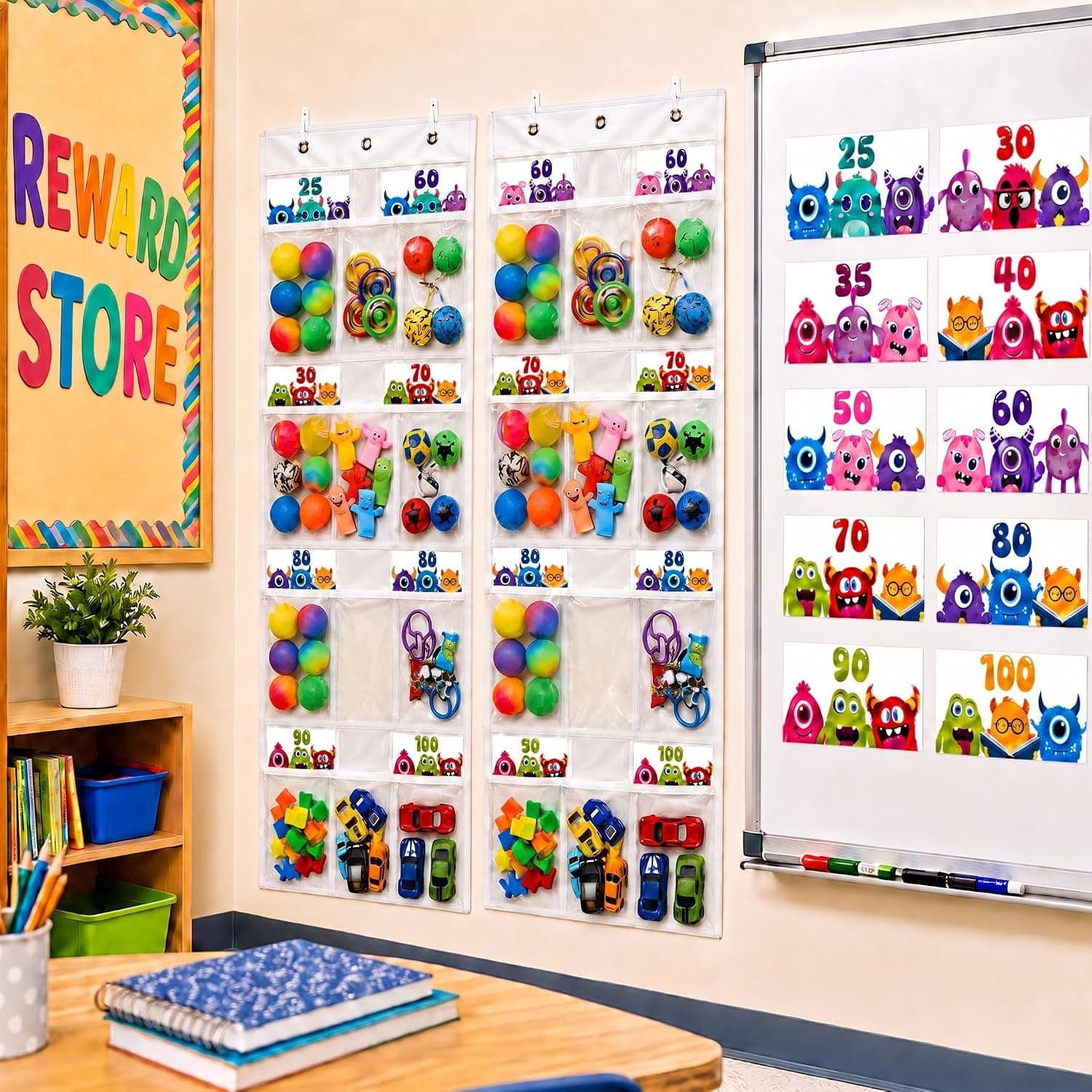 2 Set Classroom Store Decoration 30 Pocket Teacher Incentive Chart Treasure Wall Display Clear Hanging Storage with Monster Price Tags for Classrooms Prize Behavior Incentive Reward
