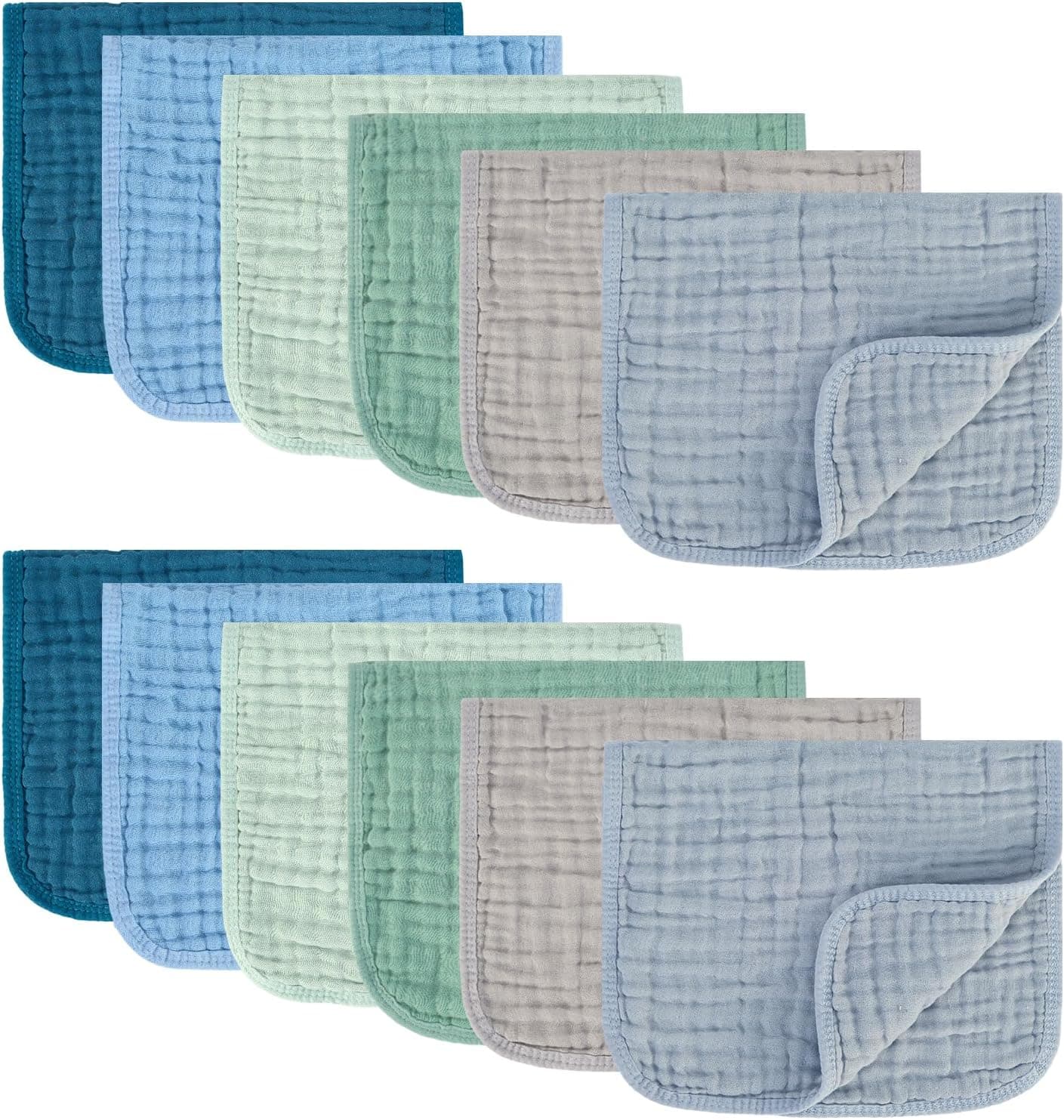 MIGIOL Muslin Burp Cloths 100% Cotton Pack of 12. Soft, Gentle & Absorbent Baby Burp Cloths for Baby Girl & Boys.(Blue & Green 12 Pieces)