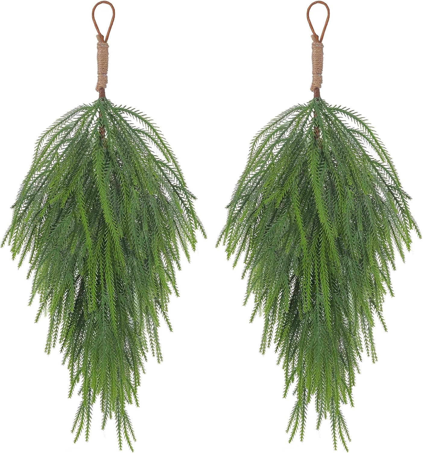 2 Pack 25" Artificial Christmas Teardrop Swag – Faux Pine Needle Christmas Norfolk Hanging Greenery for Front Door, Wall, Mantel, Fireplace, Xmas Door – Indoor/Outdoor Holiday Decoration