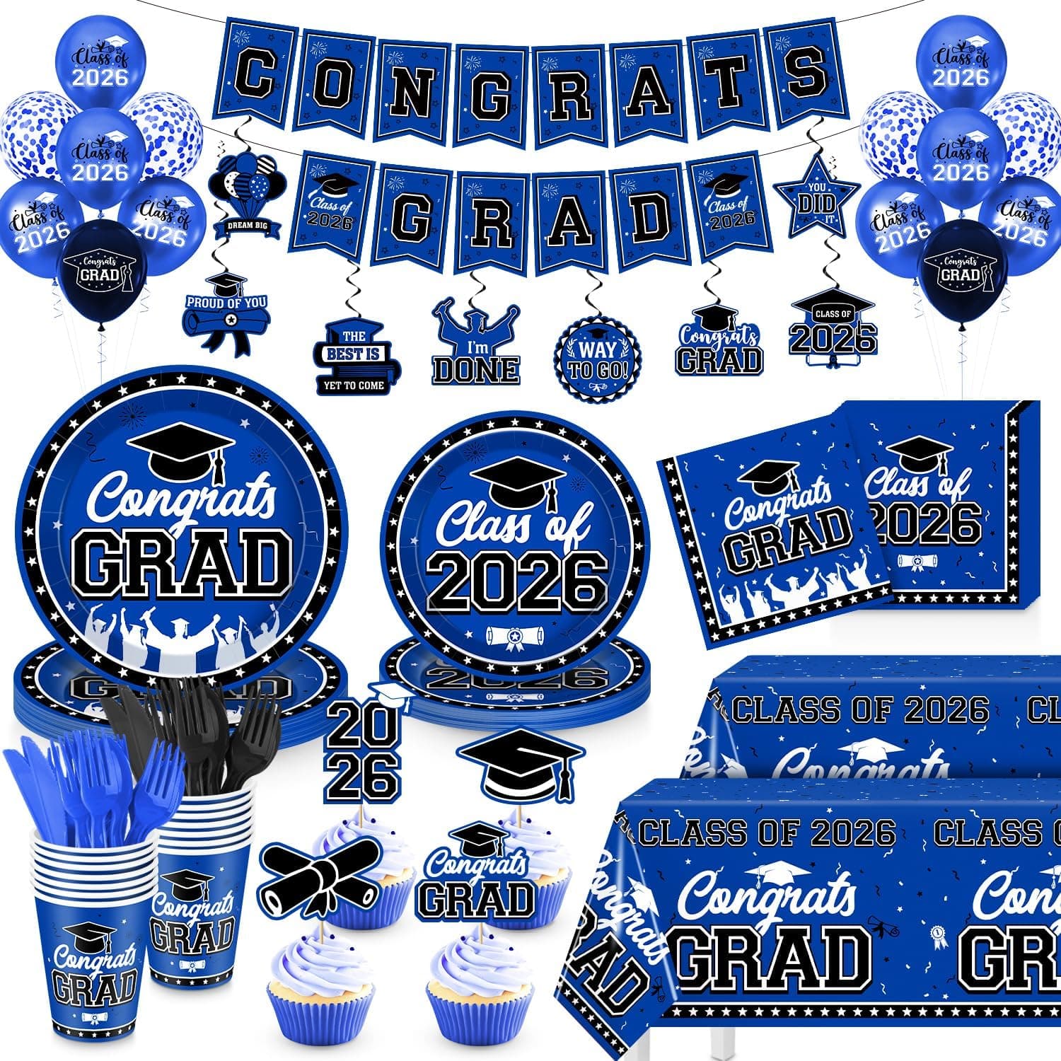 Graduation Decorations 2026, Black and Blue Graduation Party Tableware Supplies for 25 Guests, Disposable Plates Napkins Cups Cutlery Tablecloth and Congrats Grad Banner for Grad Party Decorations
