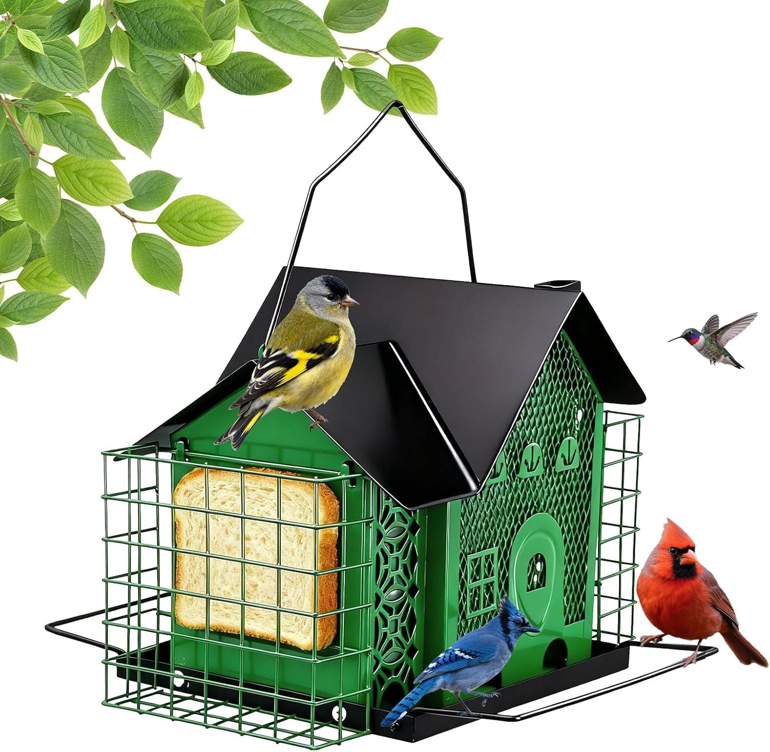 Outdoor Hanging Bird Feeder Large Capacity Durable and Sturdy Decorative Metal Bird Feeder Green and Black Two-Tone Waterproof Design with Sloped Tray Easy-Fill Wild Bird House (Green)