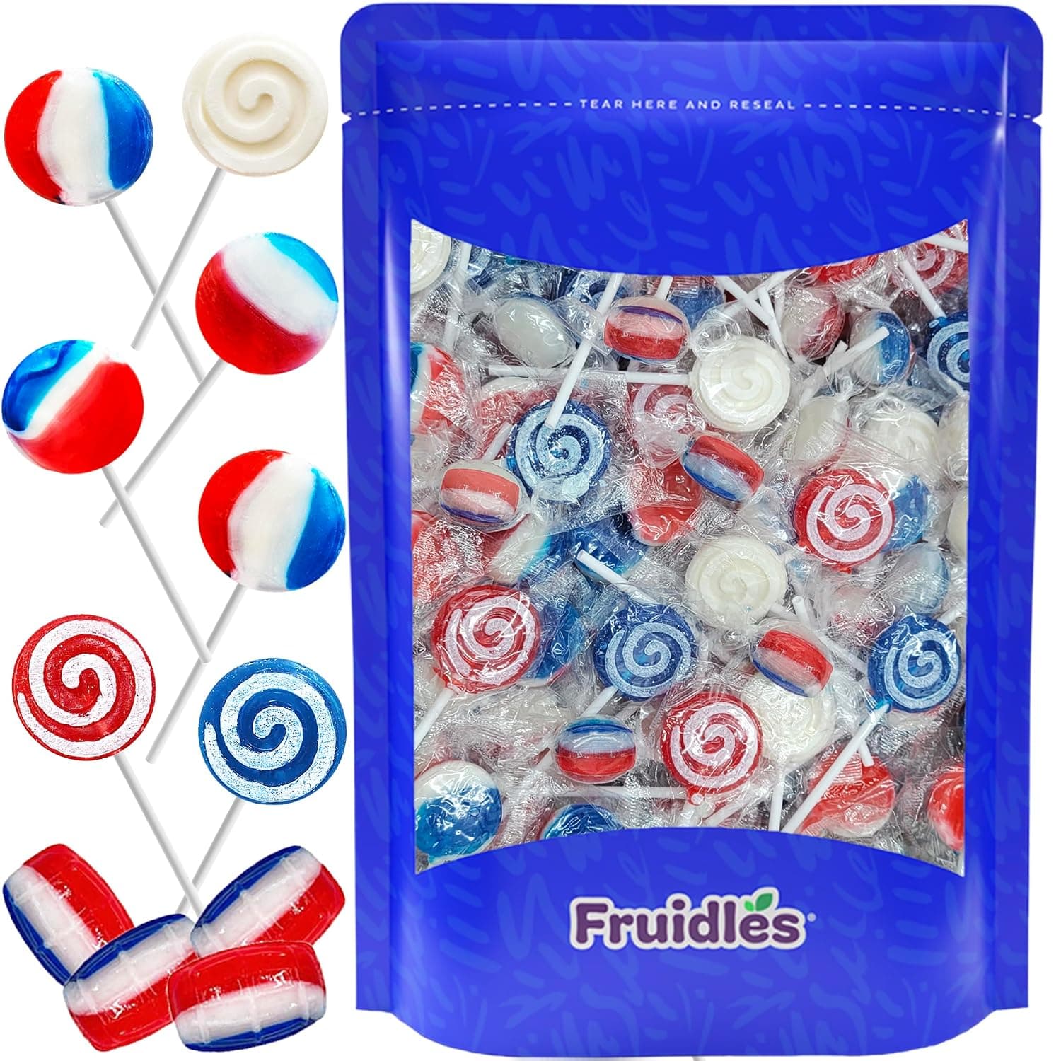 Fruidles 60-Count Assorted USA Patriotic Lollipops & Barrels Mix, Red, White, and Blue Mixed Fruit Flavor, Made in Brazil, Individually Wrapped, 8Gram