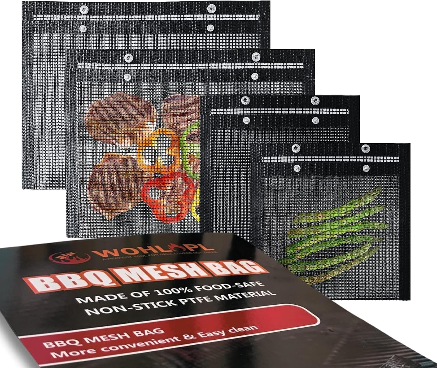 Grill Bags - Reusable Non-Stick BBQ Mesh Grill Bags, 4 Pieces, Two Sizes (15.7 x 10.6 Inch, 8.7 x 10.6 Inch), Black