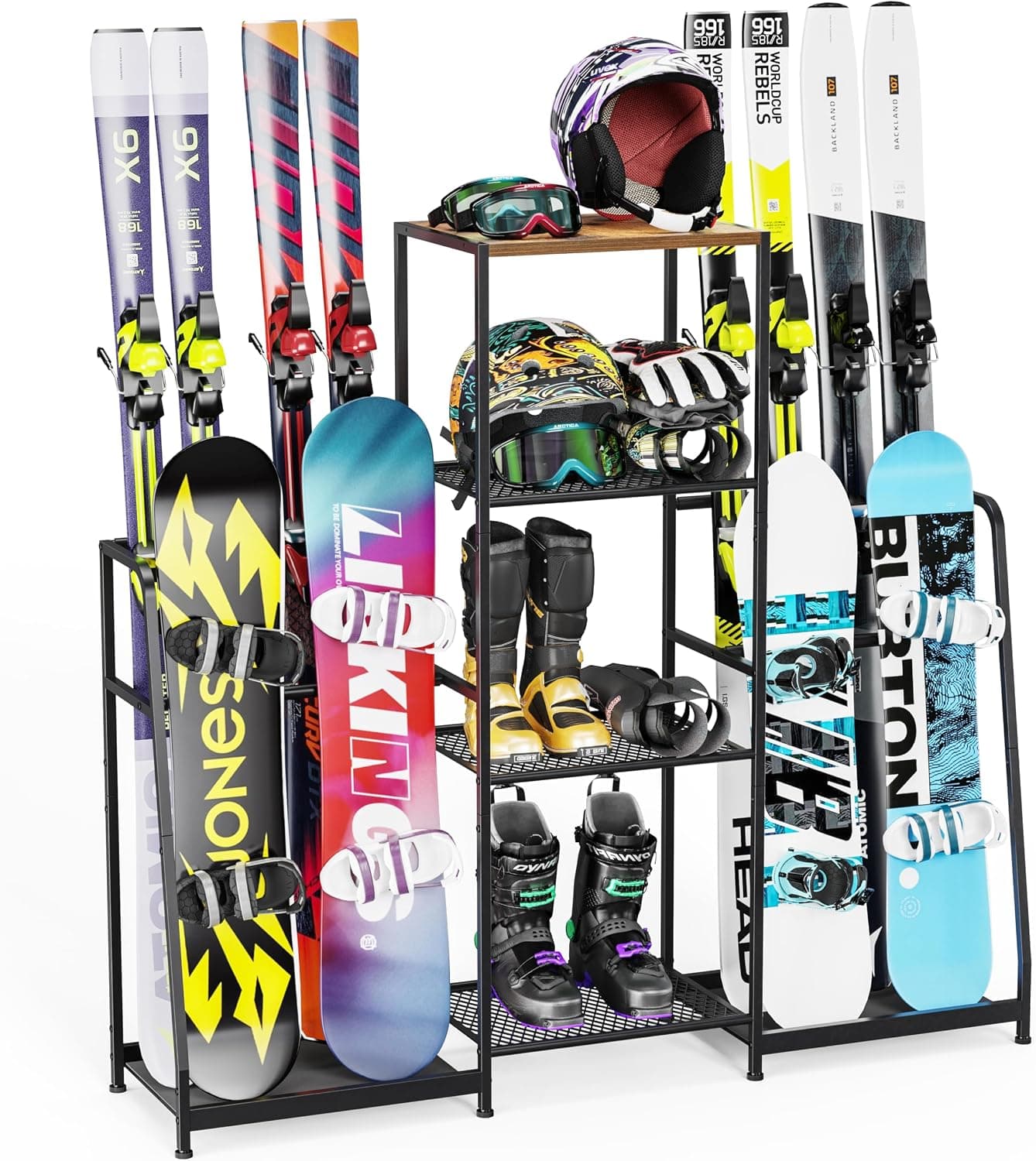 Ski Rack for Garage,Freestanding Snowboard Rack for Ski,Snowboard, Ski Boot, Ski Poles, Goggles, Helmet and More, Heavy Duty Steel Floor Stand Ski Organizer for Garage Basement