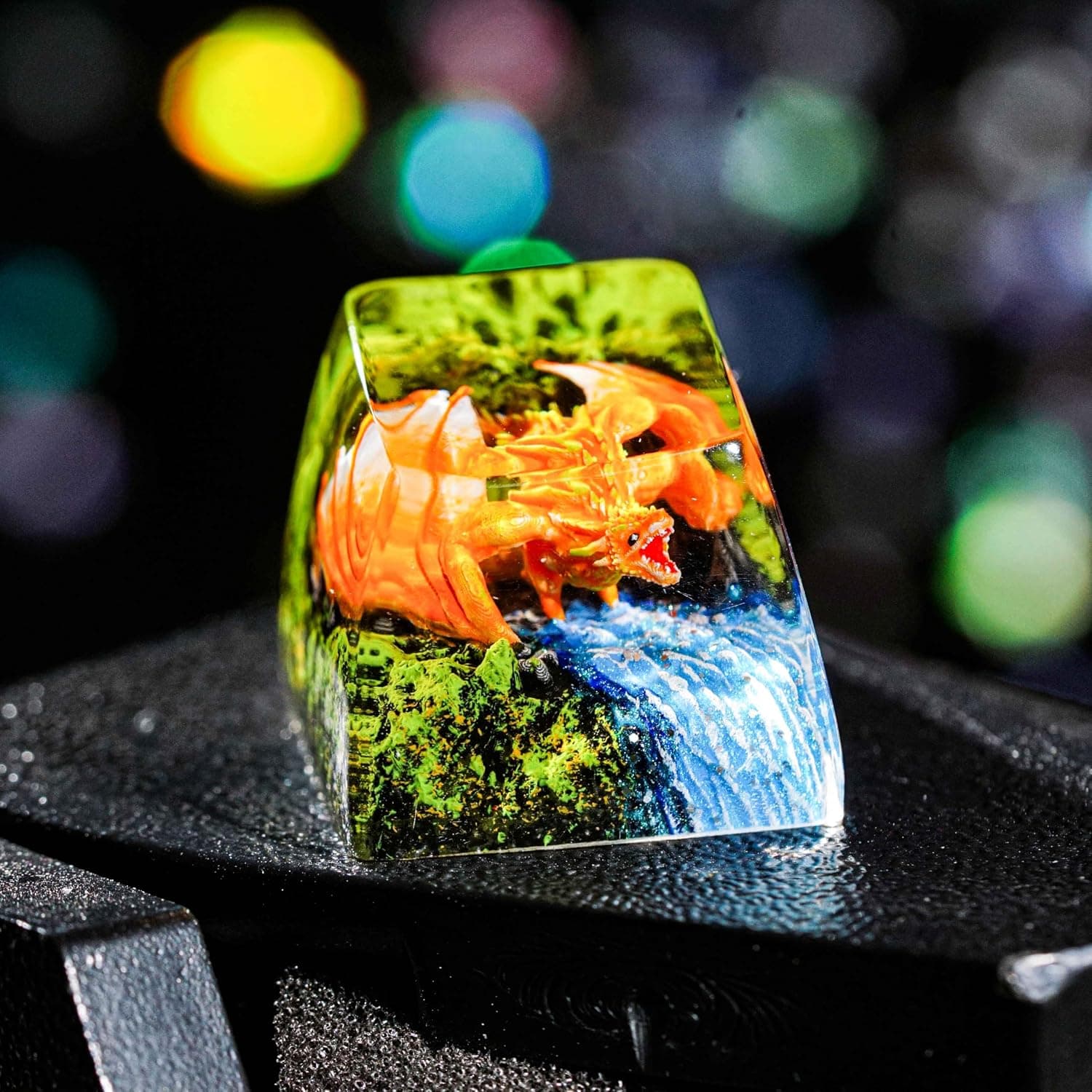 Orange Dragon with Waterfall Artisan Keycap, 1U ESC, R1 SA Profile, Custom Handmade Resin Key Cap for Cherry MX Mechanical Keyboard, Cool Tech Gift for Men, Dad, Father's Day, Gamers and Space