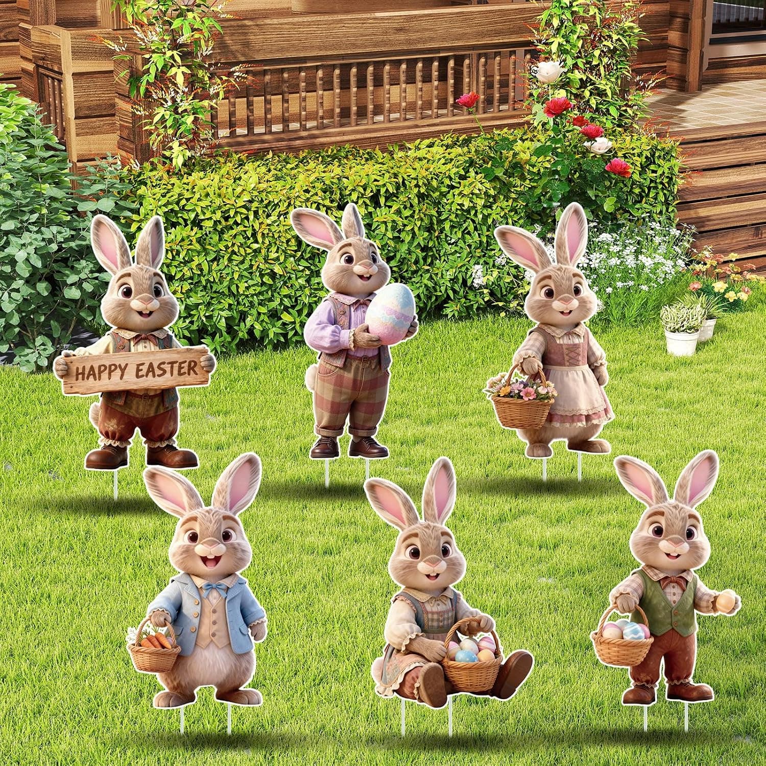 6 Pcs Happy Easter Day Yard Signs Decorations Waterproof DIY Bunny Yard Signs with 12 Plastic Stakes Cute Easter Eggs Bunny Outdoor Garden Lawn Sign Decor for Holiday Spring Party Decorations Supplies
