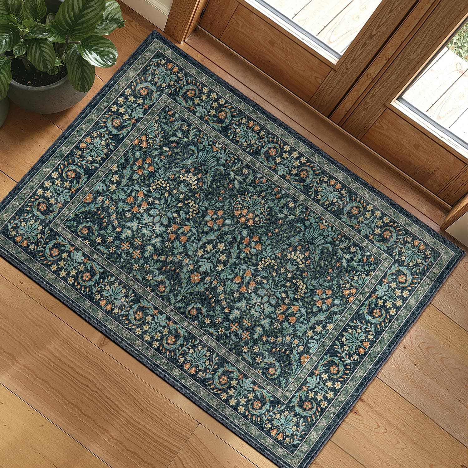 Washable Entry Rug 2x3 Front Door Throw Rugs Vintage Floral for Entryway Kitchen Bathroom Door Mat Indoor Entrance，Non-Slip Low Pile Stain Resistant Soft Dark Green/Navy/Black