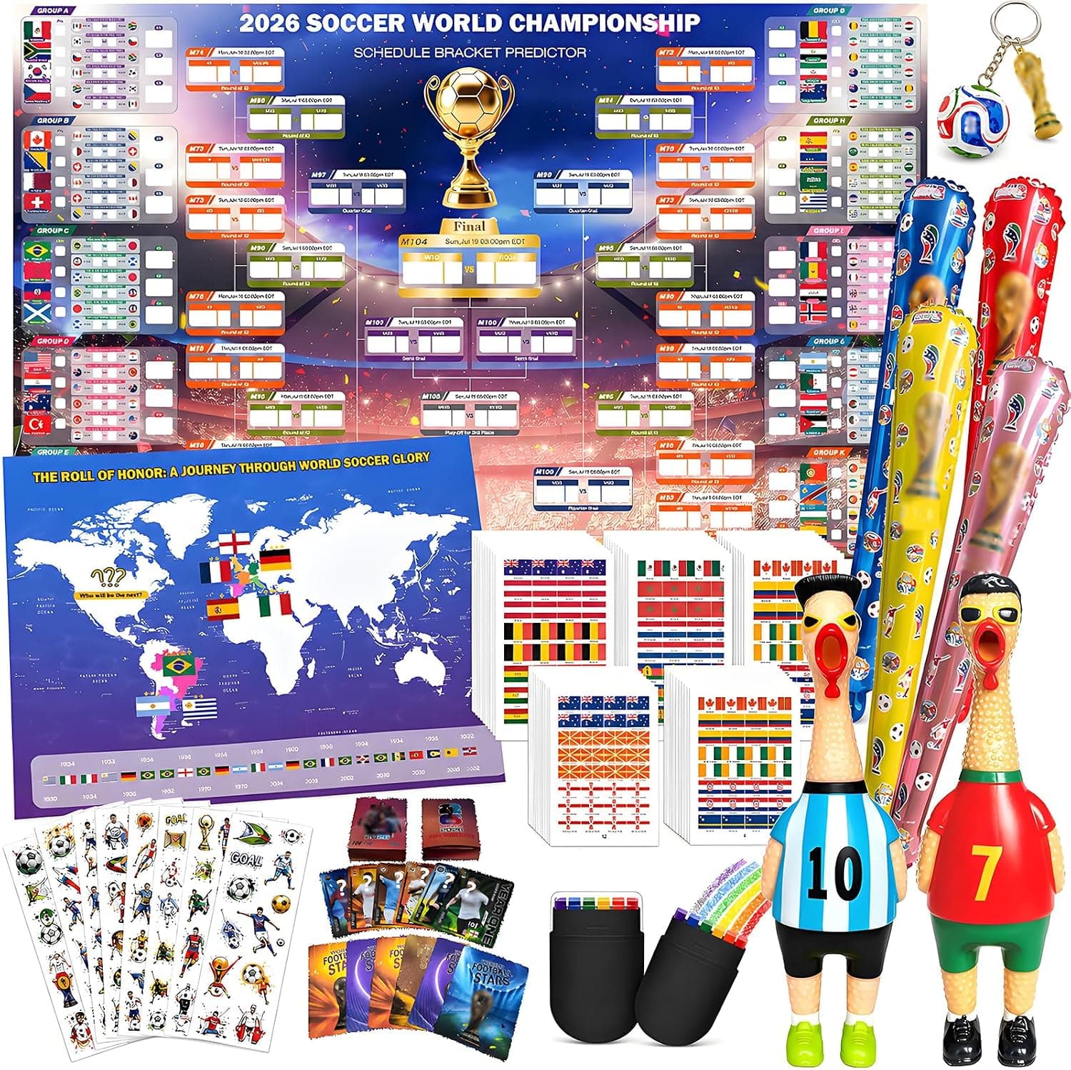 2026 Soccer Tournament Extra Large Schedule Poster, Soccer Trading Cards Set, 20 Sheets Footable Tattoos, Keychain, 2Pcs Screaming Chicken&4Pcs Cheering Balloon Stick for Fans Gifts Party Decorations