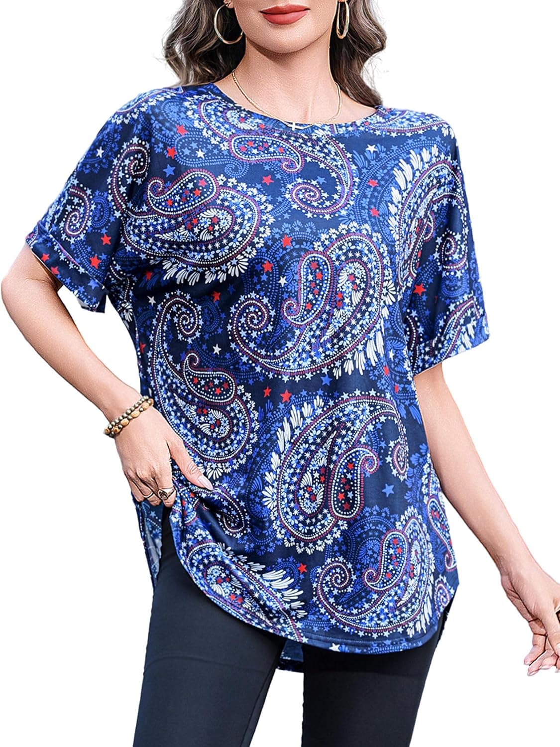 Totatuit Women Printed Oversized Tshirts Casual Crew Neck Rolled Short Sleeve Basic Tee Shirts Cute Loose Summer Boho Tops