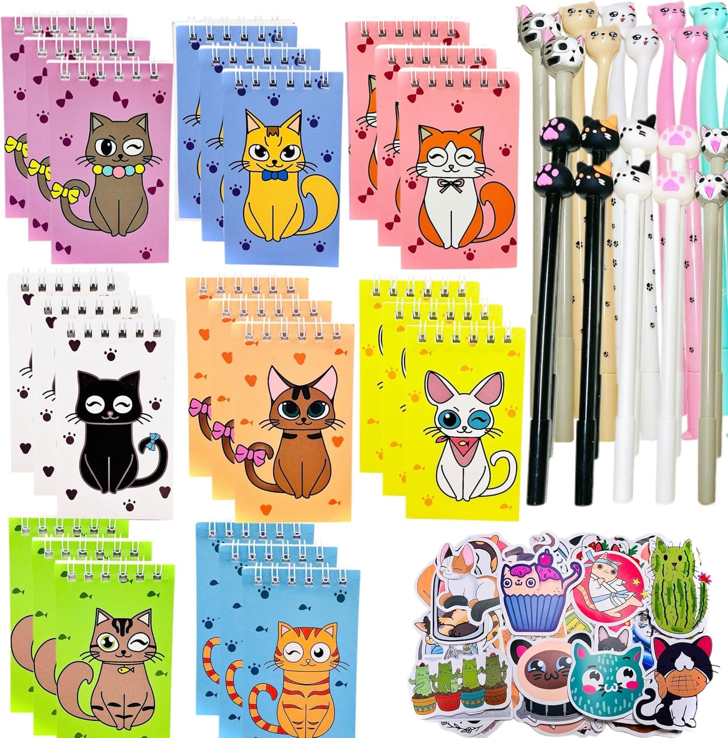 148P Cat Party Favors Bulk Return Gifts ,Cat Themed Birthday Party Supplies With Cat Paw Mini Notebooks Pens Stickers Set,Cat Lover Gifts for Classroom School Reward Gift Prizes Goodie Bags Stuffers