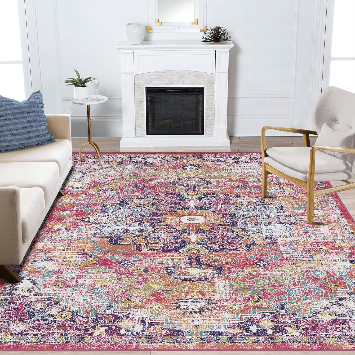 Washable Rugs 8x10 Area Rugs for Living Room,Rugs for Bedroom,Large Carpets,Ultra Soft Faux Wool Retro Dining Room Rug,Non Slip&Non-Shedding Low Pile Vintage Print Rug for Home Office Decor