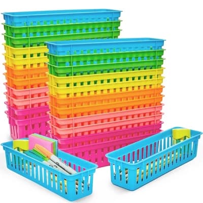 Infinite Curiosity 24-Pack Pencil Holder Trays and Organization Baskets - Plastic Caddy for Desk and Elementary Teacher Supplies