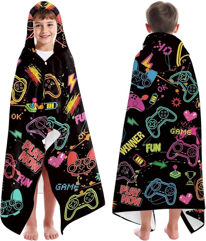 Fanfanwin Poncho Towel Game Hooded Bath Towel for Boy Cool Graffiti Game Cotton Beach Poncho Fit Height 37 Inches to 50.5 Inches Boys Soft Rapid Dry for Home Swim Travel Beach Pool Travel Use