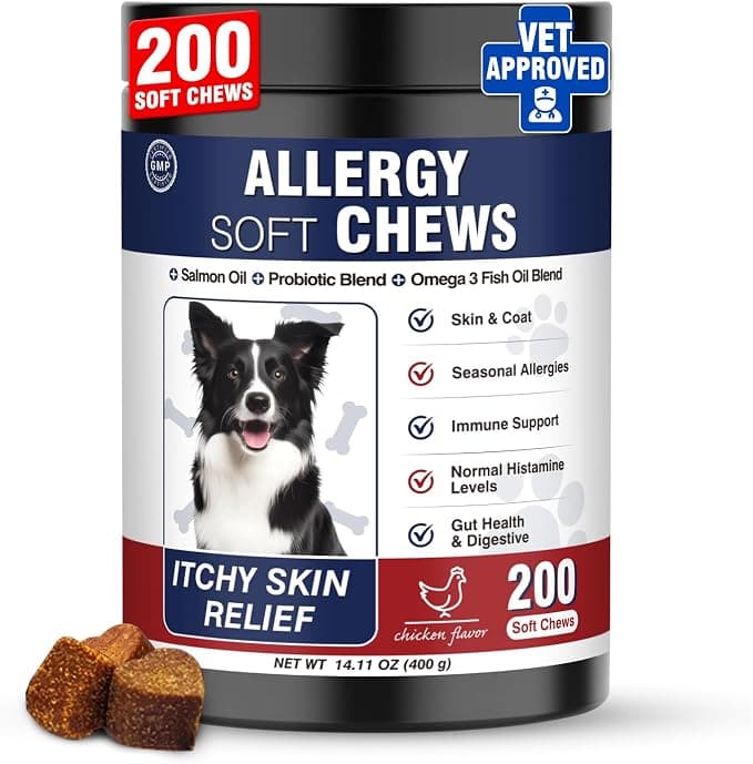 Dog Allergy Chews 200 Treats, Dog Allergy and Itching Skin Relief Bites Immune Support Dogs Probiotics for Yeast, Itchy Skin and Itchy Ears Anti Itch Licking Paws Treatment for Dogs Chicken Flavor