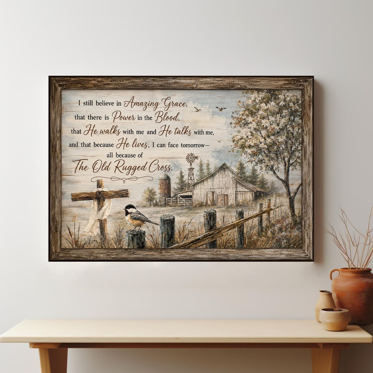 Cross Wall Art, I Still Believe In Amazing Grace Canvas, Chickadee Barn Farmhouse Christian Decor, Old Rugged Cross Print,Faith Country Gift, Black and Gold Frame (not shown in image) - 12x16