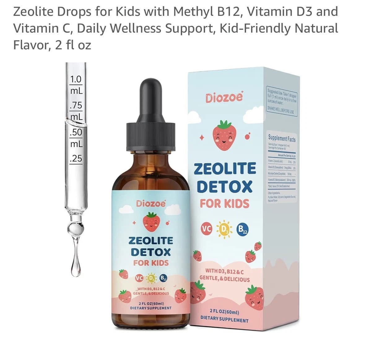 Diozoe Kids Zeolite Detox Drops w/ D3 Methyl B12 & Vitamin C 2 fl oz