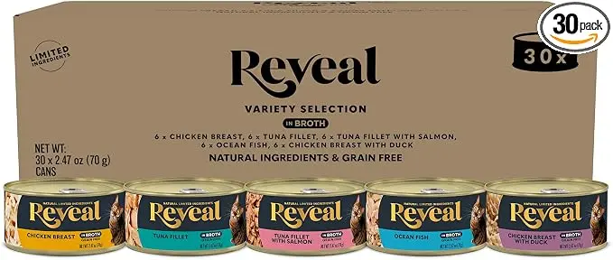 Reveal Natural Wet Cat Food, 30 Count, Grain Free, Limited Ingredient Canned Food for Cats, Fish and Chicken Variety in Broth, 2.47 oz Cans