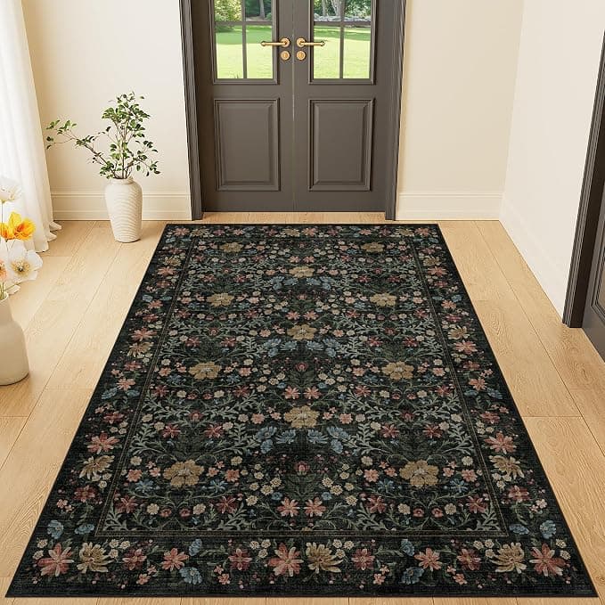 3x5 Rug, Washable Vintage Floral Bedroom Area Rug Non Slip, Black
Low Pile, Non-Shedding, Aesthetic Lightweight Soft Indoor Small Carpet for Bathroom Entryway Living Room Office Farmhouse
