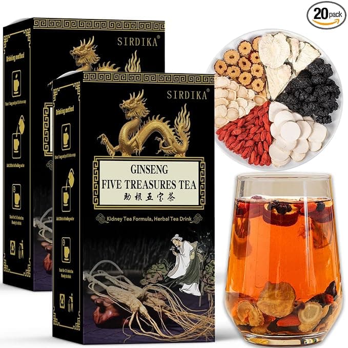 Ginseng Five Treasures Kidney Care Tea - Zhu Gen Wu Bao Cha - Men's Herbal Tea (20 bags/2 boxes)