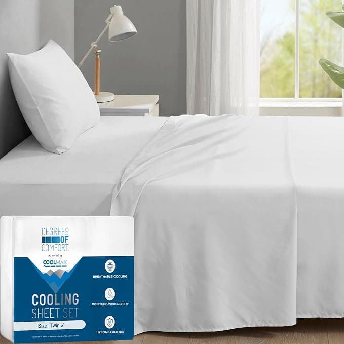 Coolmax® Cooling Sheets for Hot Sleepers, Twin Size, White
Moisture-wicking comfort, Breathable airflow, 14 inch deep pocket fit for secure coverage, Machine washable