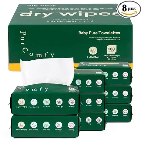 PurComfy Baby Dry Wipes for Newborn, 8 Pack
Plant-Based & Hypoallergenic, Disposable Cloths, For Diaper Changes, Meal Time & Runny Noses, Use Wet or Dry, Total 480 Count