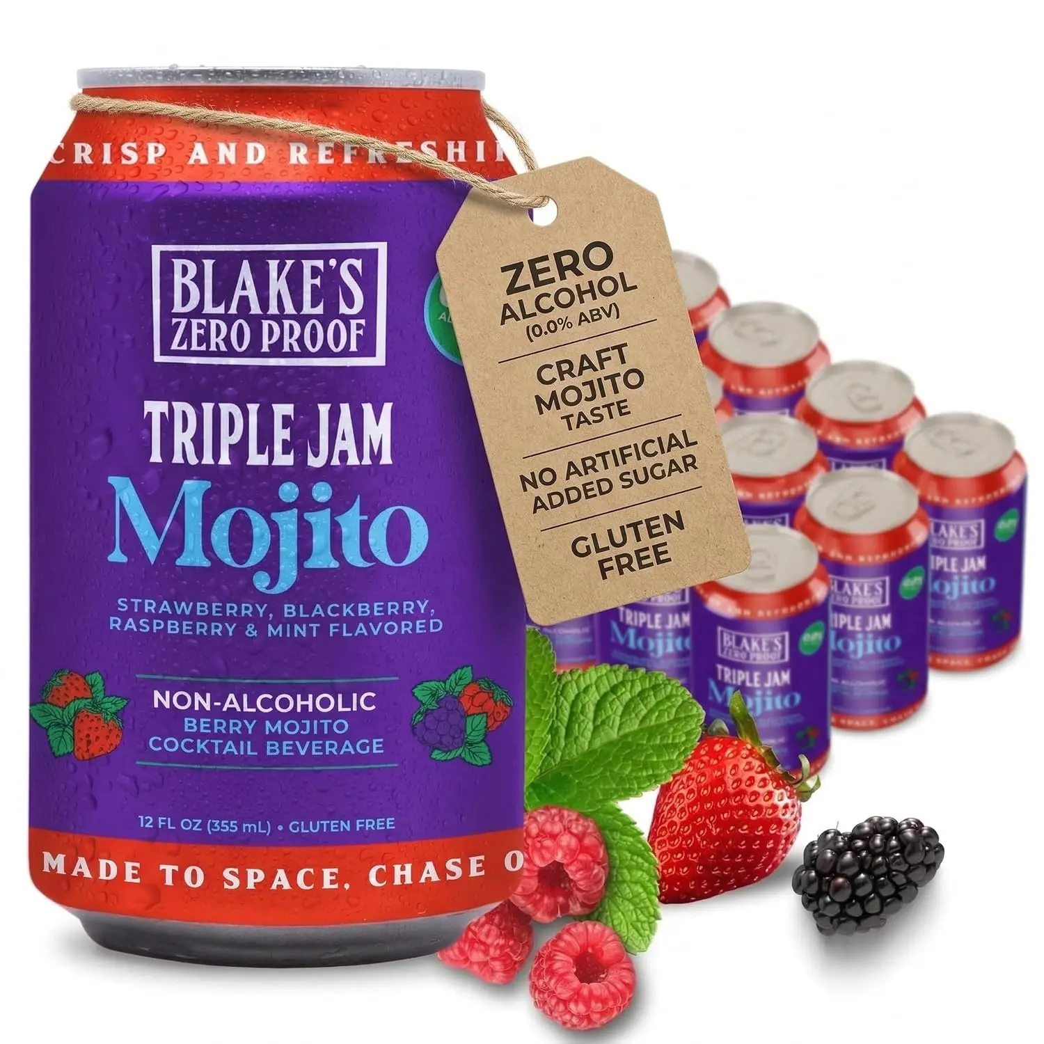 Blake’s Zero Proof Triple Jam Mojito Sparkling Mocktail – Non Alcoholic Carbonated Juice Beverage, Gluten Free, Berry Mint Inspired Flavor, Lightly Carbonated Cocktail-Inspired Drink, 12 Pack of Cans