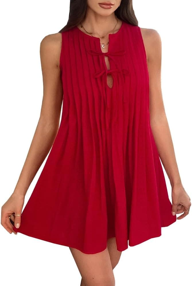 Krumba Women Summer Pleated Dress: Sleeveless Keyhole Tie Front Mini – Casual for Ladies 25-35 Vacation Beach Party Wedding
