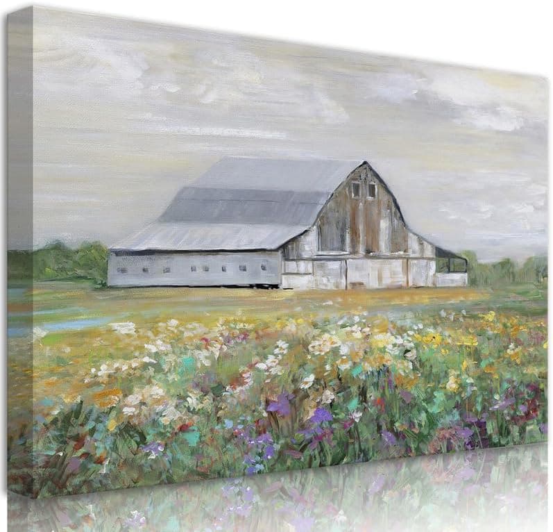 Framed Rustic Farmhouse Wall Art Bathroom Wall Decor Vintage Barn Wall Art Country Field Landscape Poster Willow Farm Print Canvas Prints Home Decor for Bedroom Living Room 24 x 16 inch