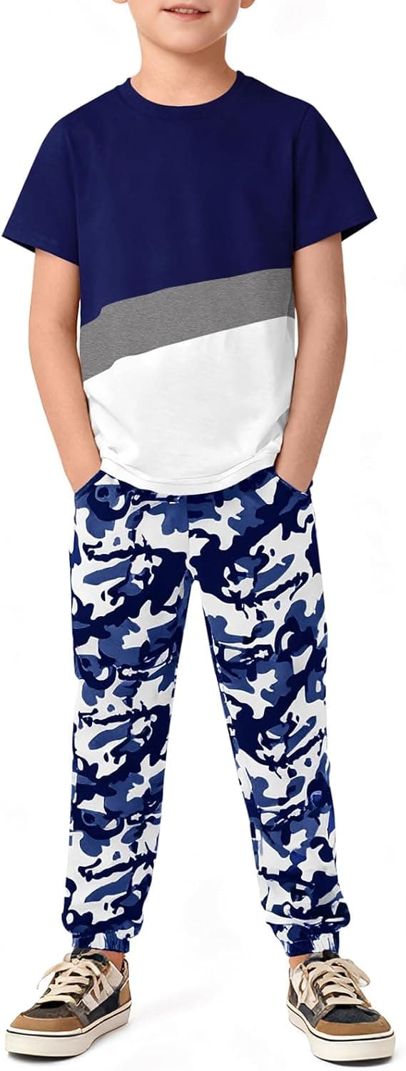 Haloumoning Boys 2 Piece Outfits Kids Colorblock Short Sleeve T-Shirts and Camouflage Pants Clothes Set 5-14 Years