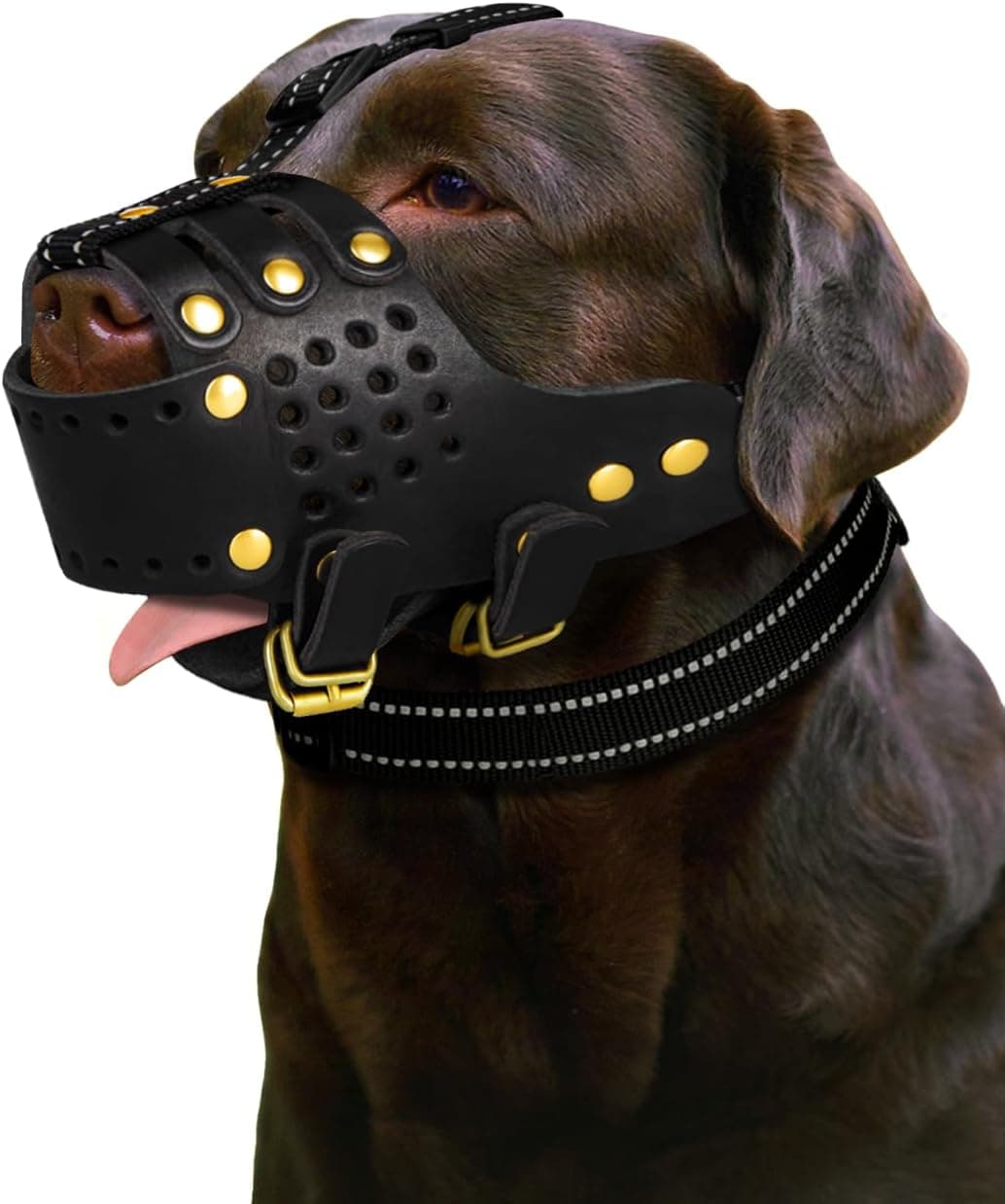 MIDOG Leather Dog Muzzle for Large Dogs, Breathable & Adjustable, Black, L
