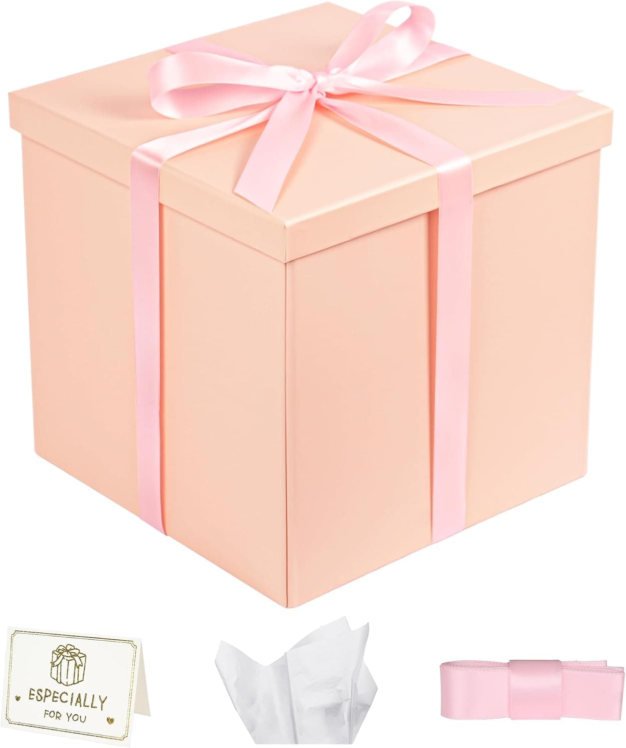 Gift Box, 9×9×9inches Pink Gift Boxes with Lids for Presents, Square Birthday Gift Box with Ribbon and Card for Wedding, Baby Shower, Bridesmaid, Christmas, Anniversary