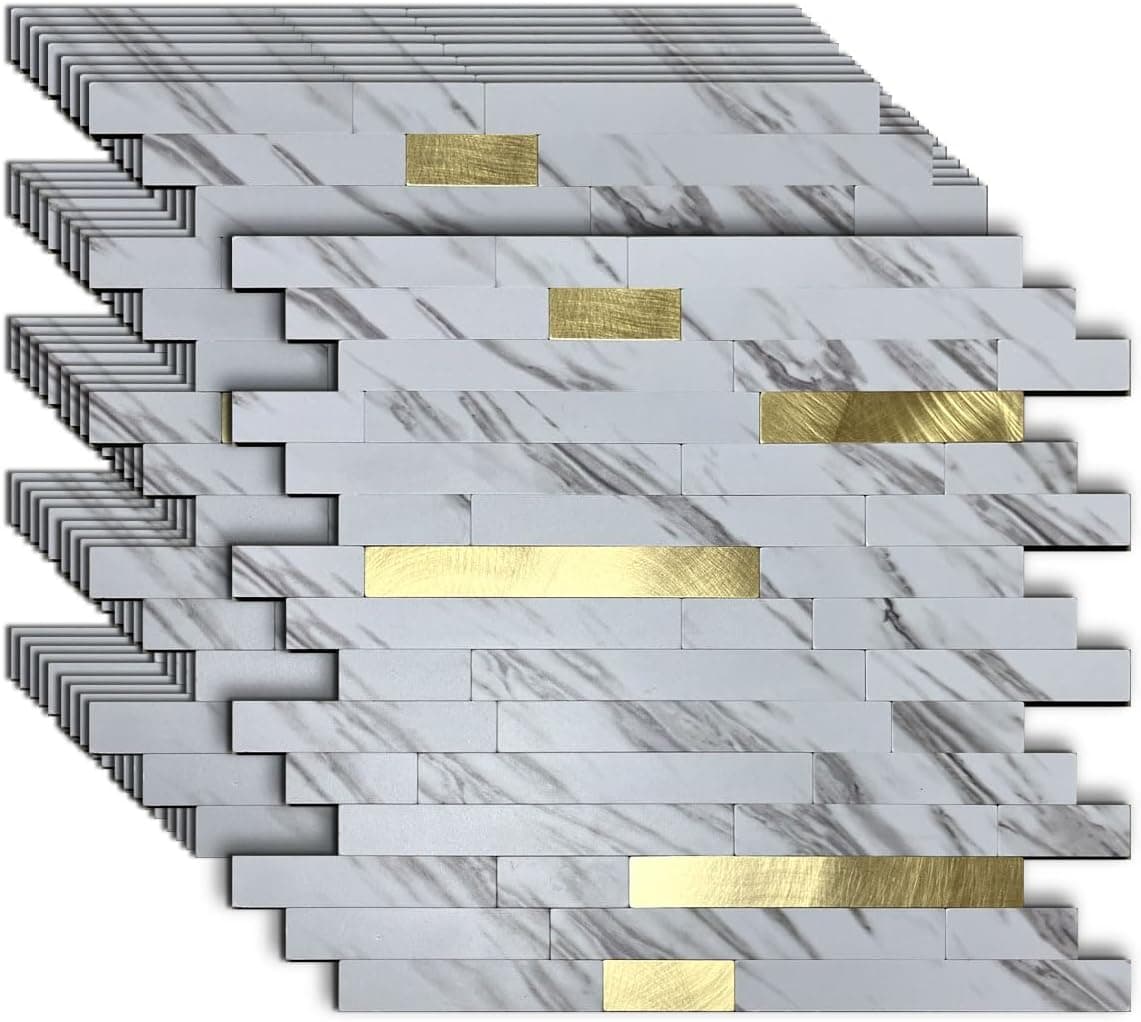 10-Sheet Peel and Stick Backsplash Tile, PVC Mixed Meta,l Stick on Kitchen, Bathroom Vanities, Fireplace Décor, Laundry Table(11.2" X 12.7") (10, White Marble + Golden)