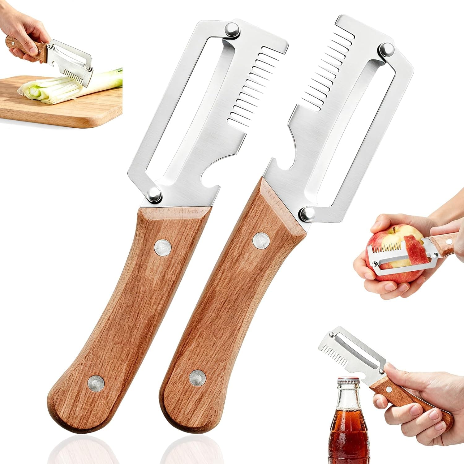 Left & Right Hand Vegetable Peeler Set with Scallion Slicer & Bottle Opener, Thickened Stainless Steel Wide Blade for Smooth Peeling, Wooden Handle Kitchen Peeler for Fruits & Vegetables - 2 pack (4 pcs total)