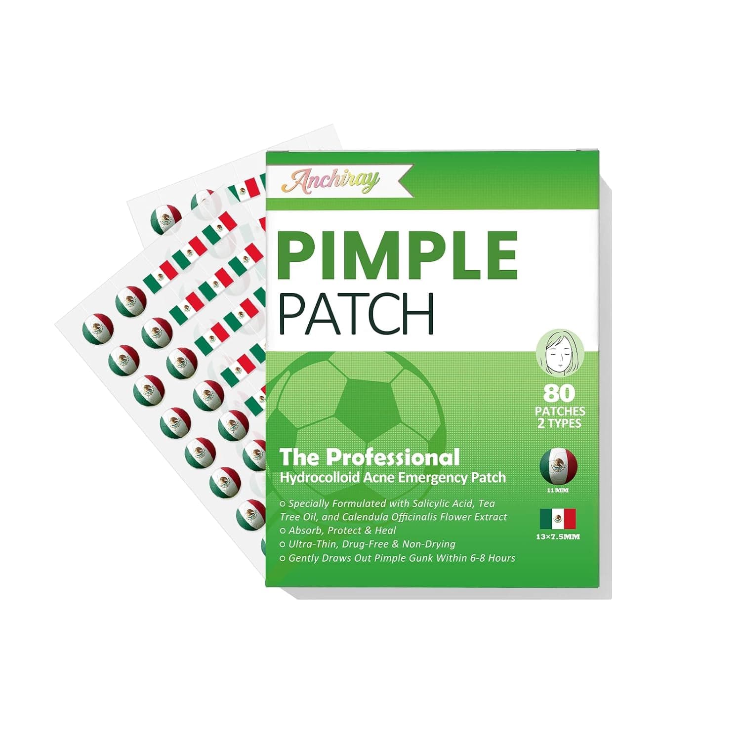 Mexico Flag & Soccer Design Hydrocolloid Pimple Patches for Face, 80 Count - 3 pack (240 ct)