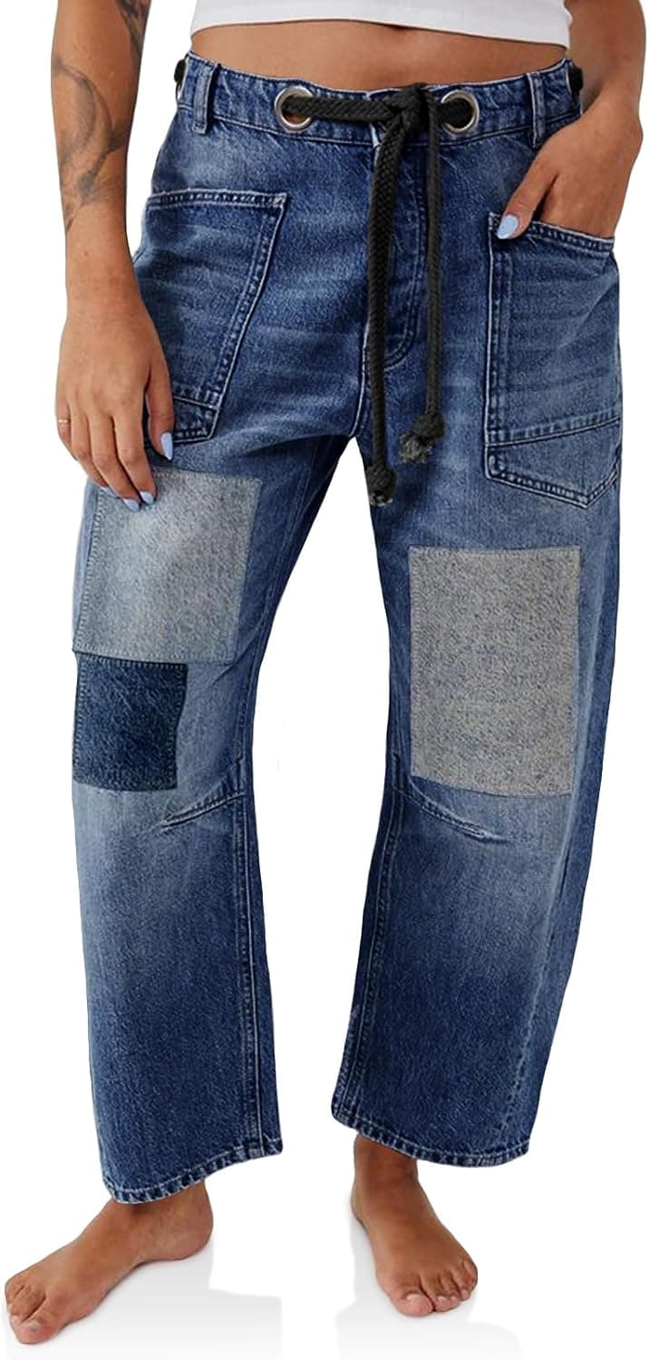 Womens Baggy Barrel Jeans Wide Leg Patchwork Low Rise Denim Pants