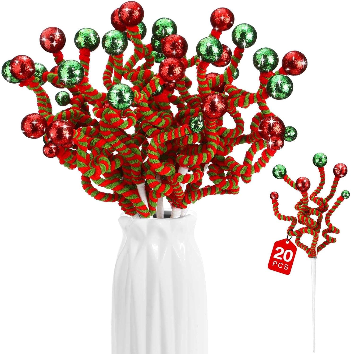 20 Pcs Christmas Curly Pick Red Green Blue Christmas Glitter Ball Ornaments Xmas Shatterproof Hanging Ornaments for Xmas Tree Home Office Party Decorations Gifts(Red and Green)