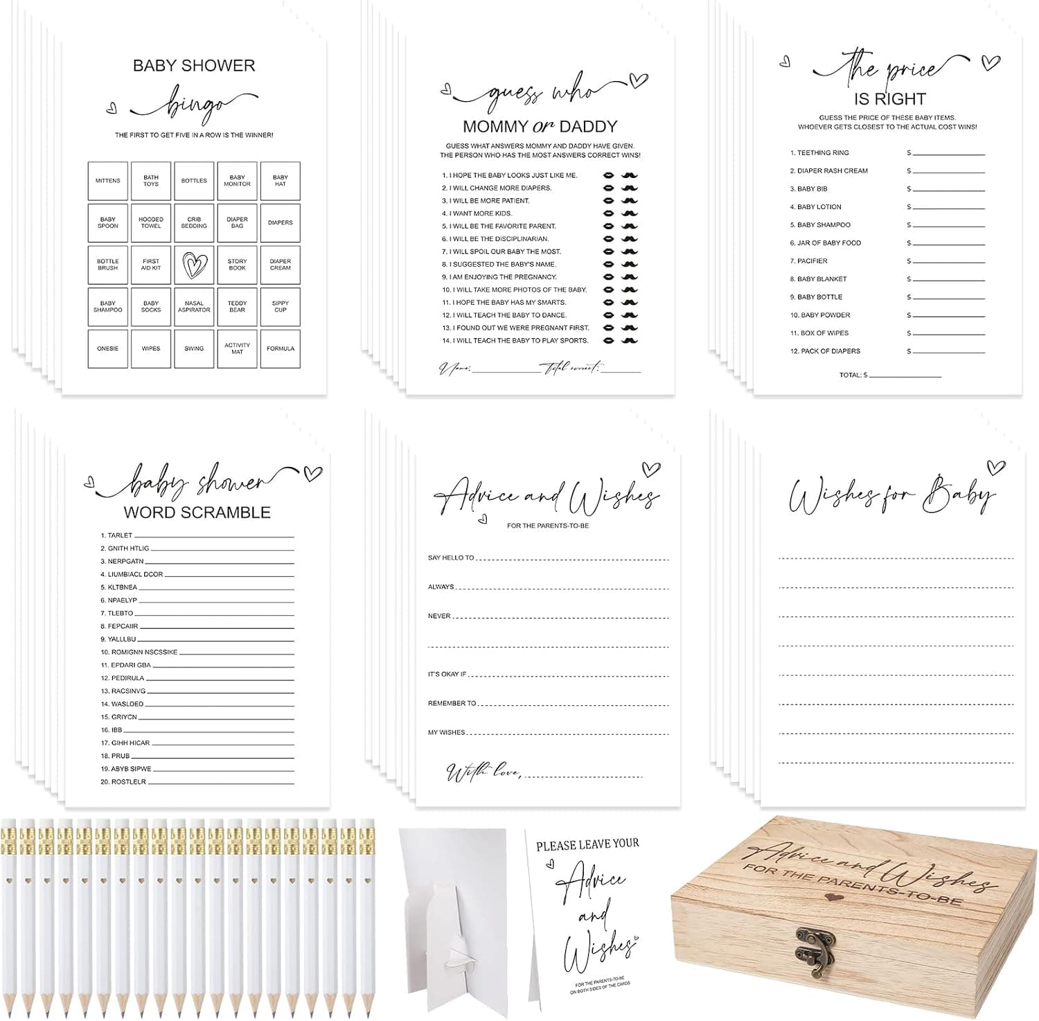 Silipull 173 Pcs Baby Shower Advice Cards For Parents To Be, Advice and Wishes Cards Box for New Parents Fun Baby Shower Decorations Game Ideas with 20 Pencils for Boy Girl Bingo Game Idea(Minimalist)